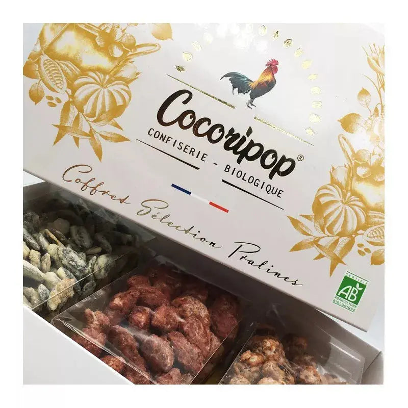 Coffret Sélection Pralines Bio – un assortiment gourmand de pralines bio caramélisées, préparées en chaudron de cuivre, idéal pour offrir ou savourer. Une mise en scène sophistiquée pour une expérience gustative authentique. bio