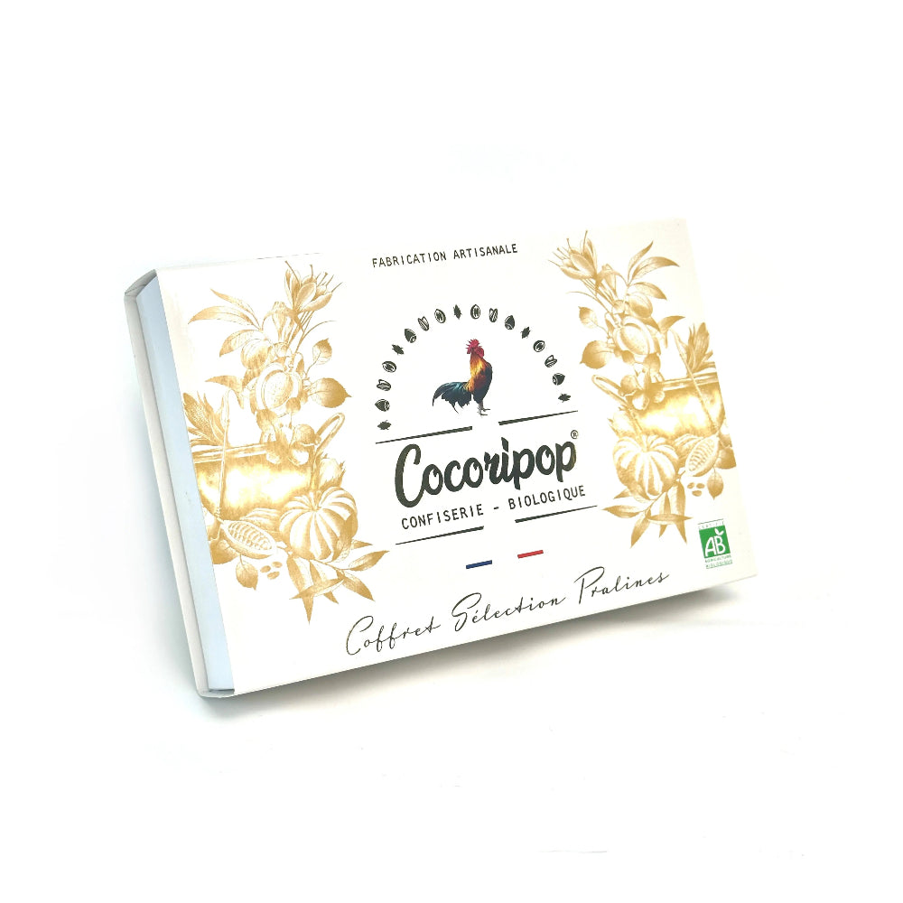 Coffret Sélection Pralines Bio – élégant coffret cadeau avec dorures contenant trois variétés de pralines artisanales : amandes, noisettes et graines de courge, présenté sur fond blanc. bio
