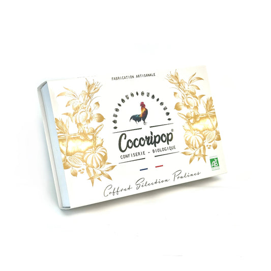 Coffret Sélection Pralines Bio – élégant coffret cadeau avec dorures contenant trois variétés de pralines artisanales : amandes, noisettes et graines de courge, présenté sur fond blanc. bio