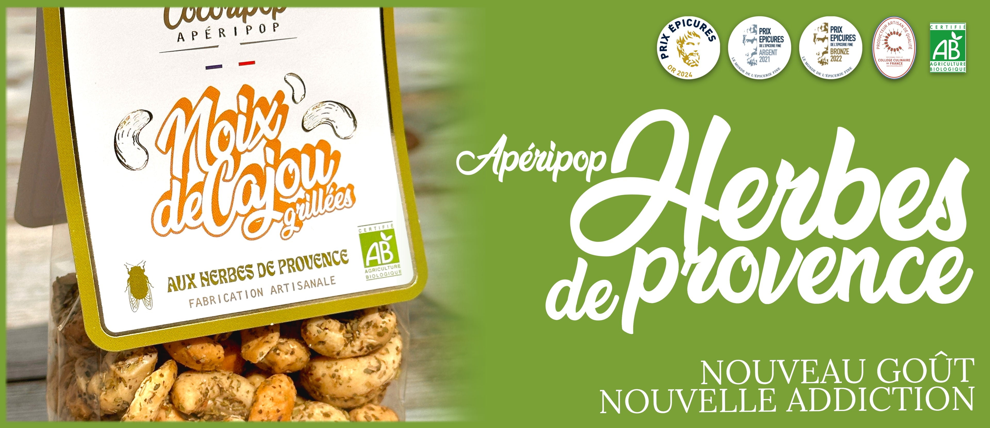 Noix de cajou grillees aux herbes de Provence confectionnees artisanalement en France par Cocoripop