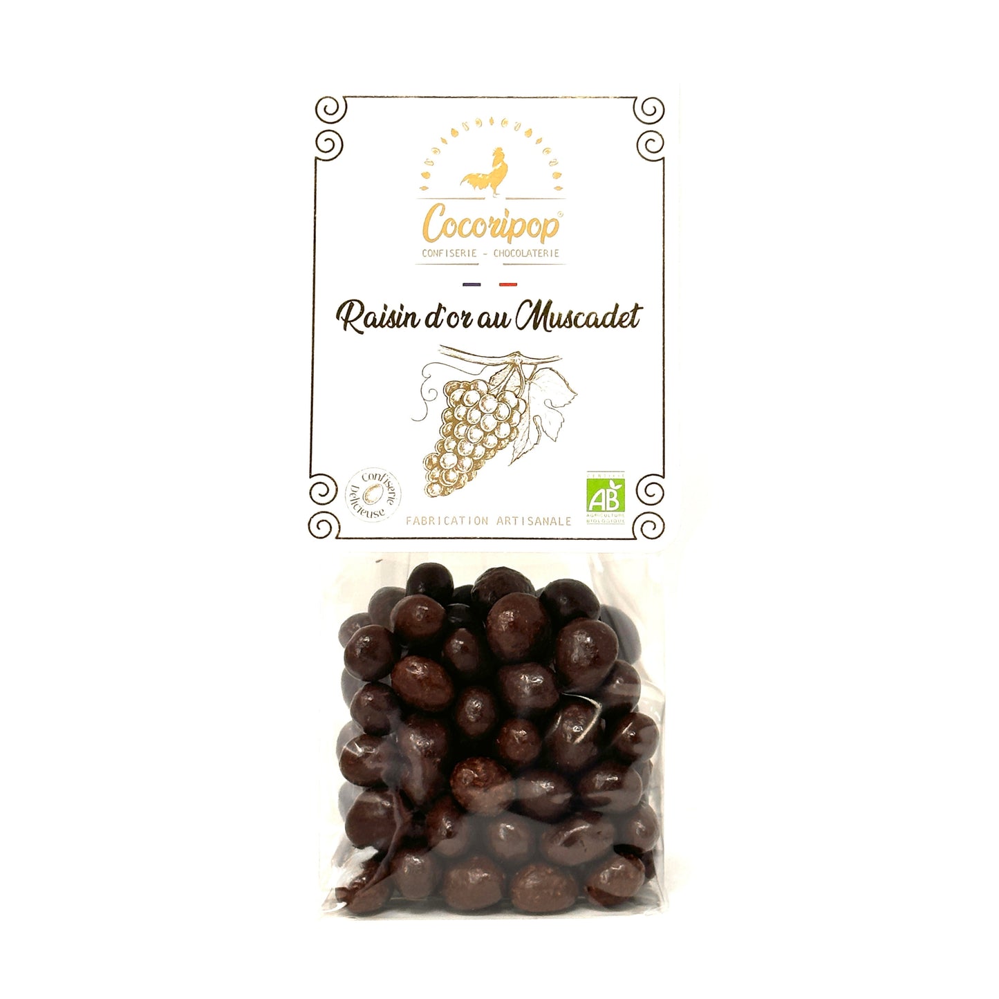 Raisins secs macérés dans du vin blanc Muscadet et enrobés de chocolat noir bio, confiserie artisanale Cocoripop fabriquée en France.