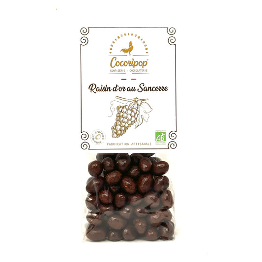Raisins secs macérés dans du vin blanc Sancerre et enrobés de chocolat noir bio, confiserie artisanale Cocoripop fabriquée en France.