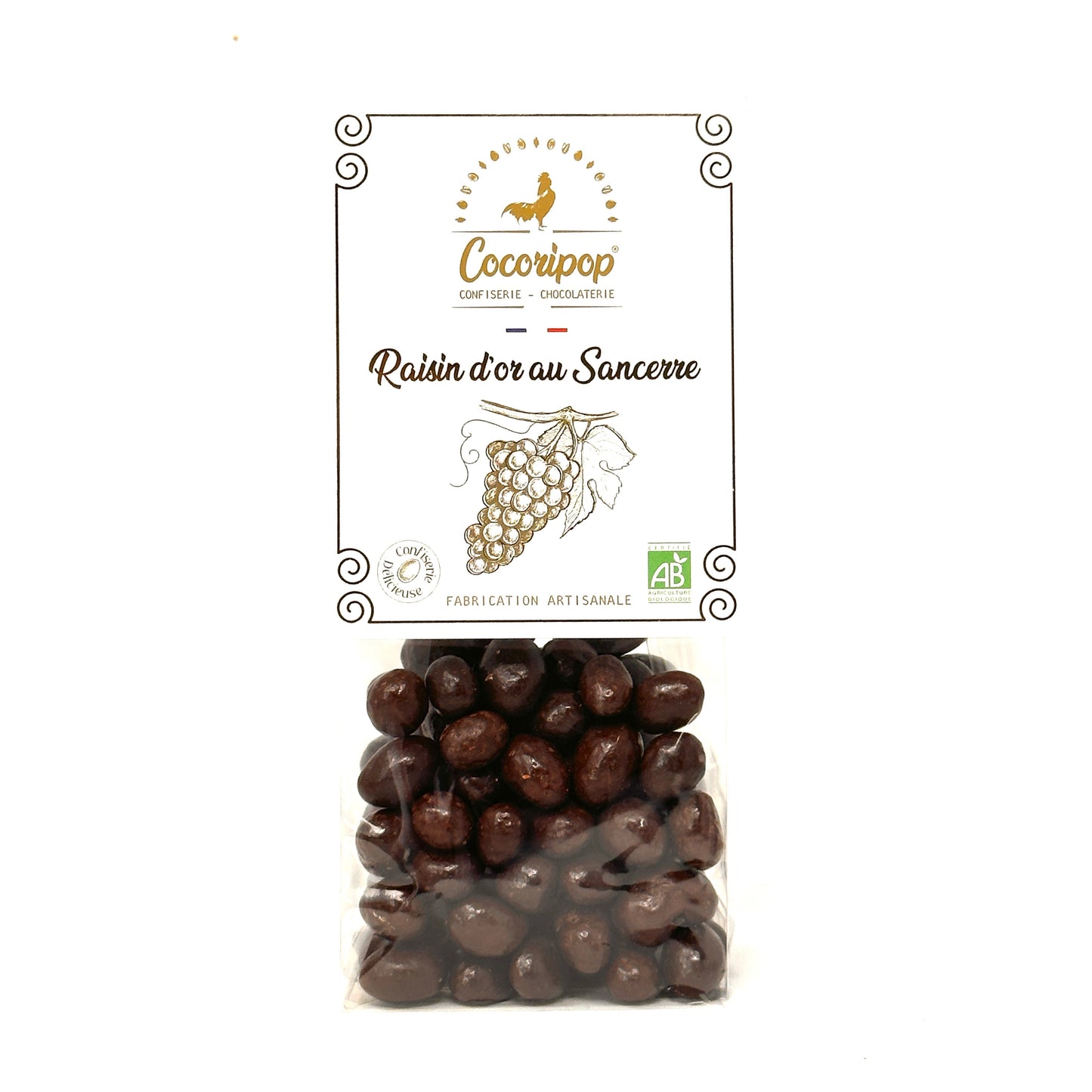 Raisins secs macérés dans du vin blanc Sancerre et enrobés de chocolat noir bio, confiserie artisanale Cocoripop fabriquée en France.