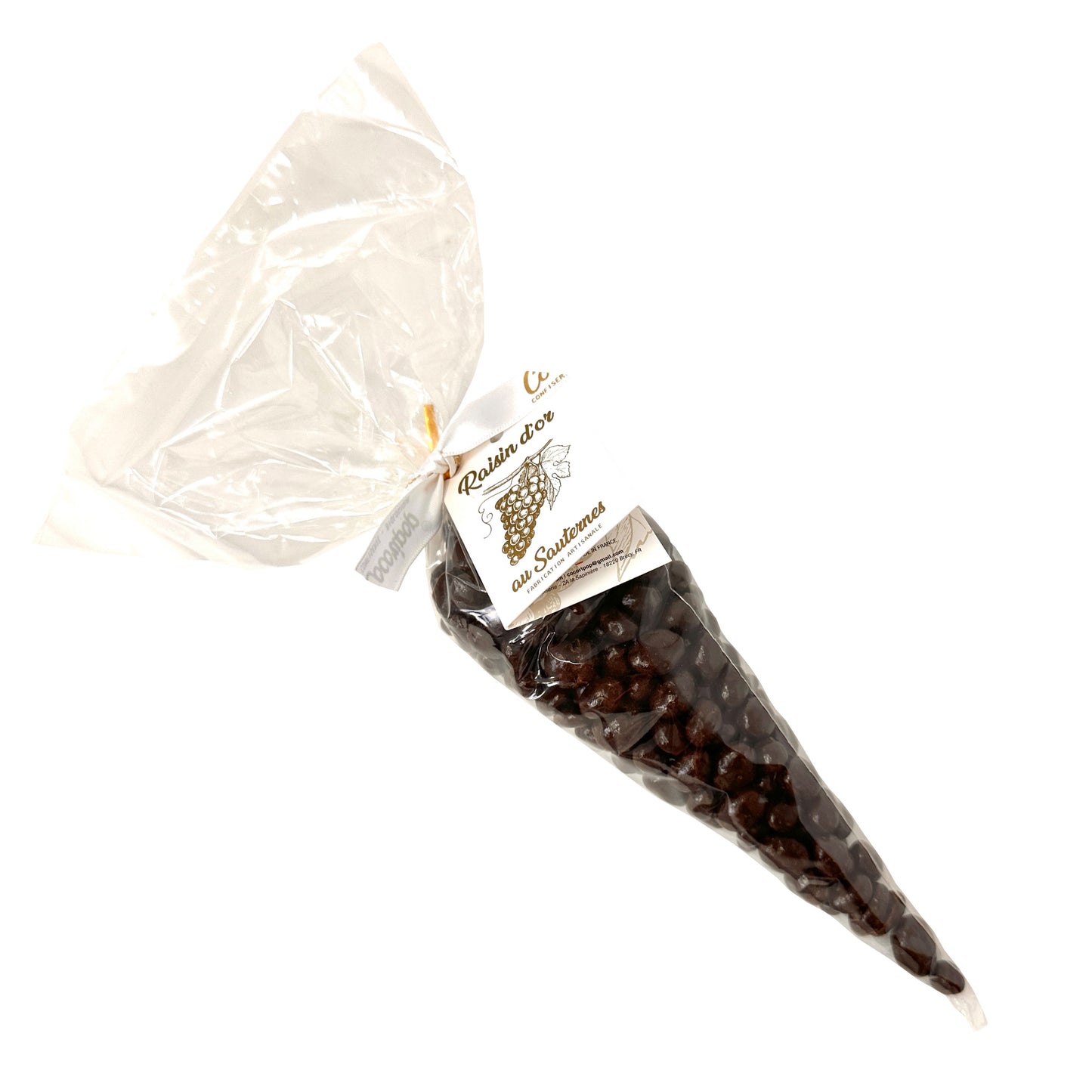 Raisins secs macérés dans du vin blanc Sauternes et enrobés de chocolat noir bio, présentés en grappes, confiserie artisanale Cocoripop fabriquée en France.