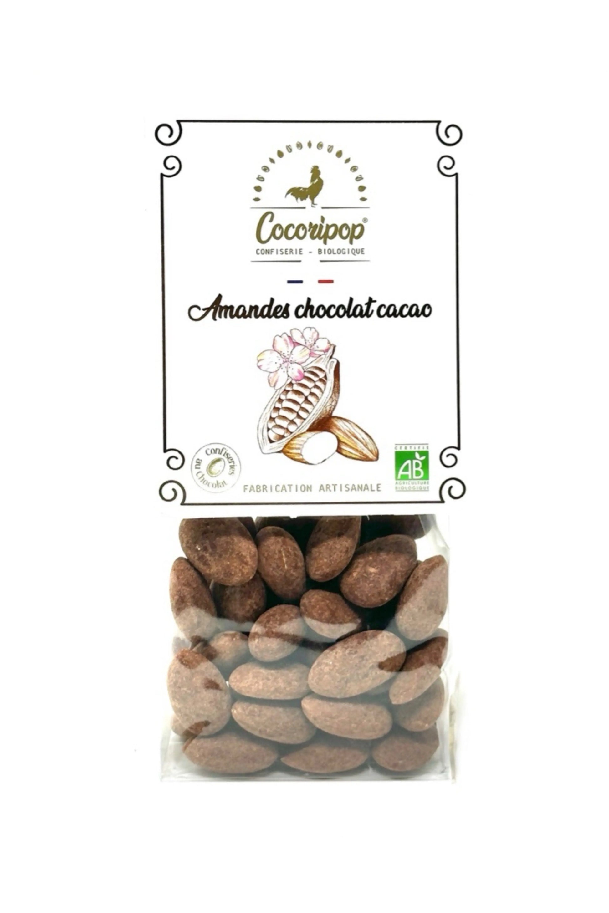 Amandes bio enrobées de chocolat au lait et saupoudrées de cacao – confiserie artisanale Cocoripop