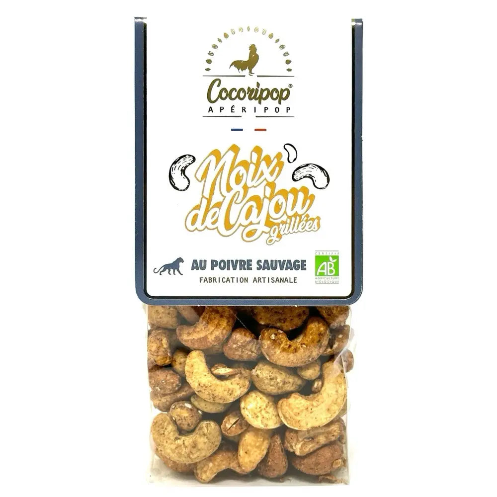 Noix de cajou au poivre sauvage, Noix de cajou croquante, relevée par un poivre sauvage intense, une explosion de saveurs en bouche. bio