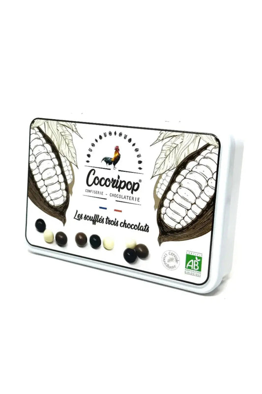 Boîte en métal blanche garnie de soufflés bio au chocolat noir, lait et blanc – Cocoripop