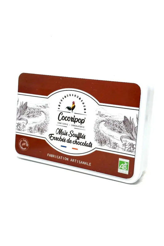 Boîte en métal rouge contenant 200g de soufflés chocolat noir, lait et blanc bio – Cocoripop