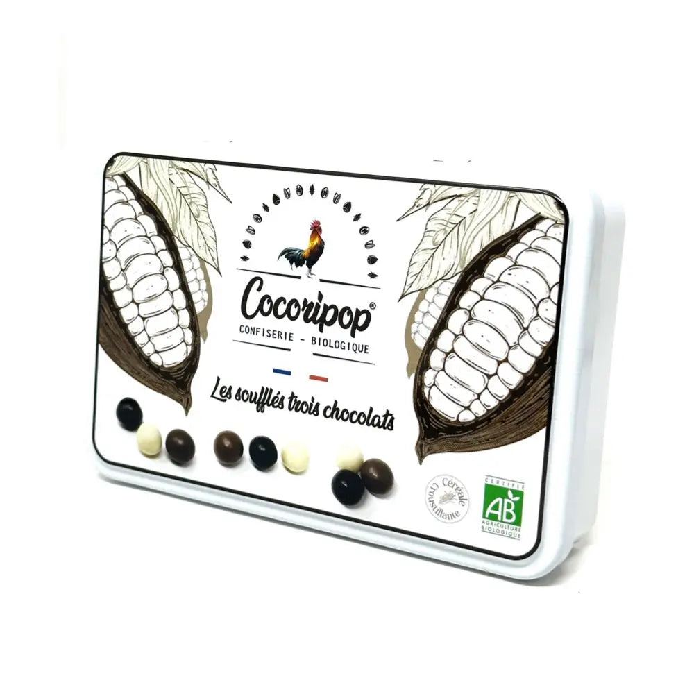 Coffret métal trois chocolats, Assortiment de chocolats noir, lait et blanc, alliant onctuosité et intensité, présenté dans une élégante boîte métallique. bio