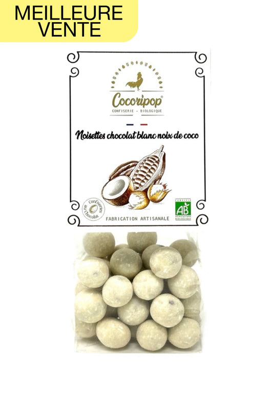 Noisettes bio enrobées de chocolat blanc et noix de coco – confiserie artisanale Cocoripop