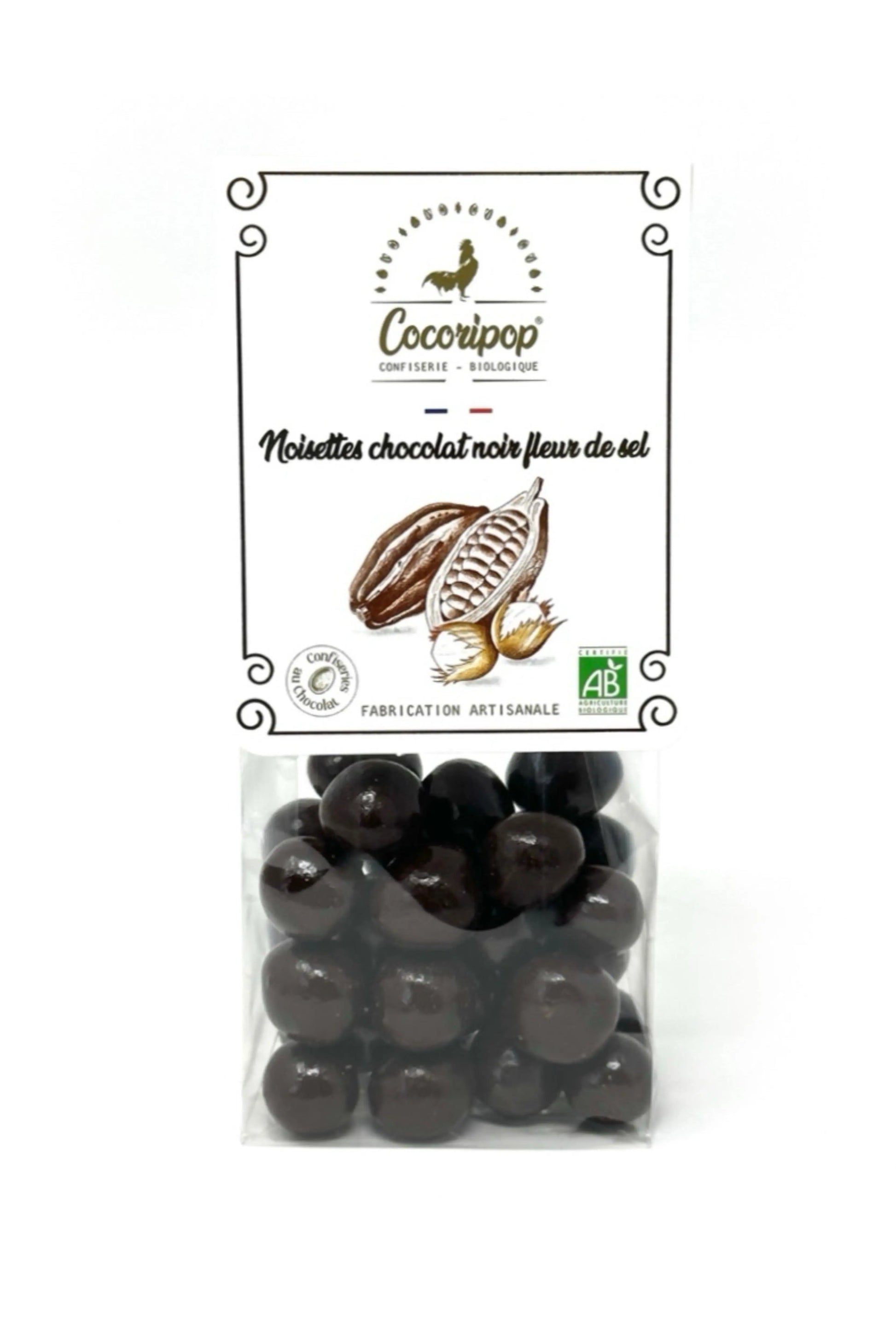 Noisettes bio caramélisées enrobées de chocolat noir et fleur de sel – confiserie artisanale Cocoripop
