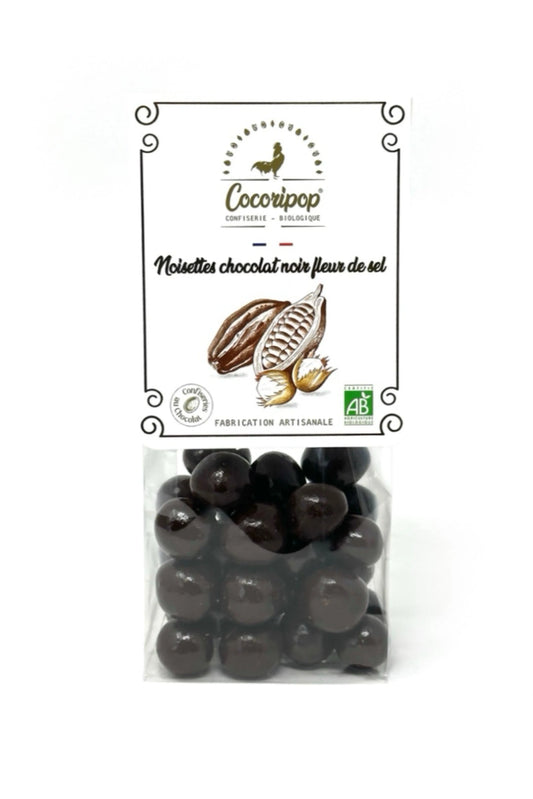 Noisettes bio caramélisées enrobées de chocolat noir et fleur de sel – confiserie artisanale Cocoripop