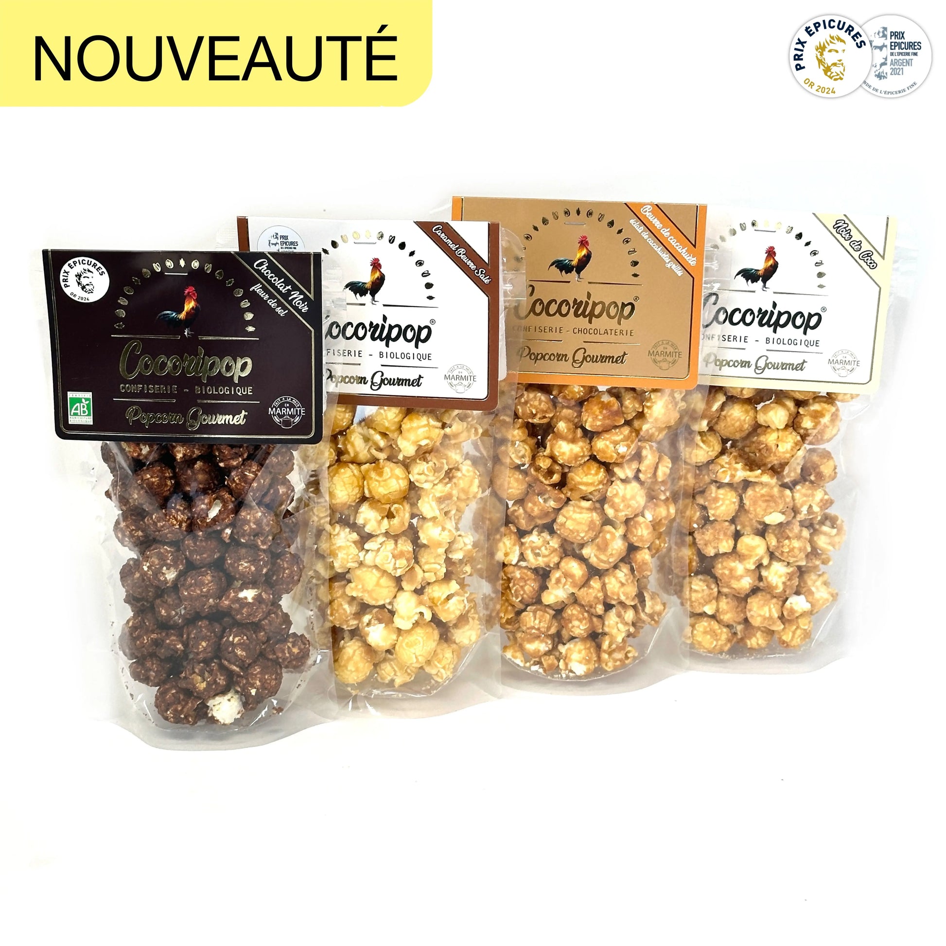 Coffret Cocoripop de 4 sachets de popcorn bio artisanaux, aux saveurs gourmandes et fabriqués en France