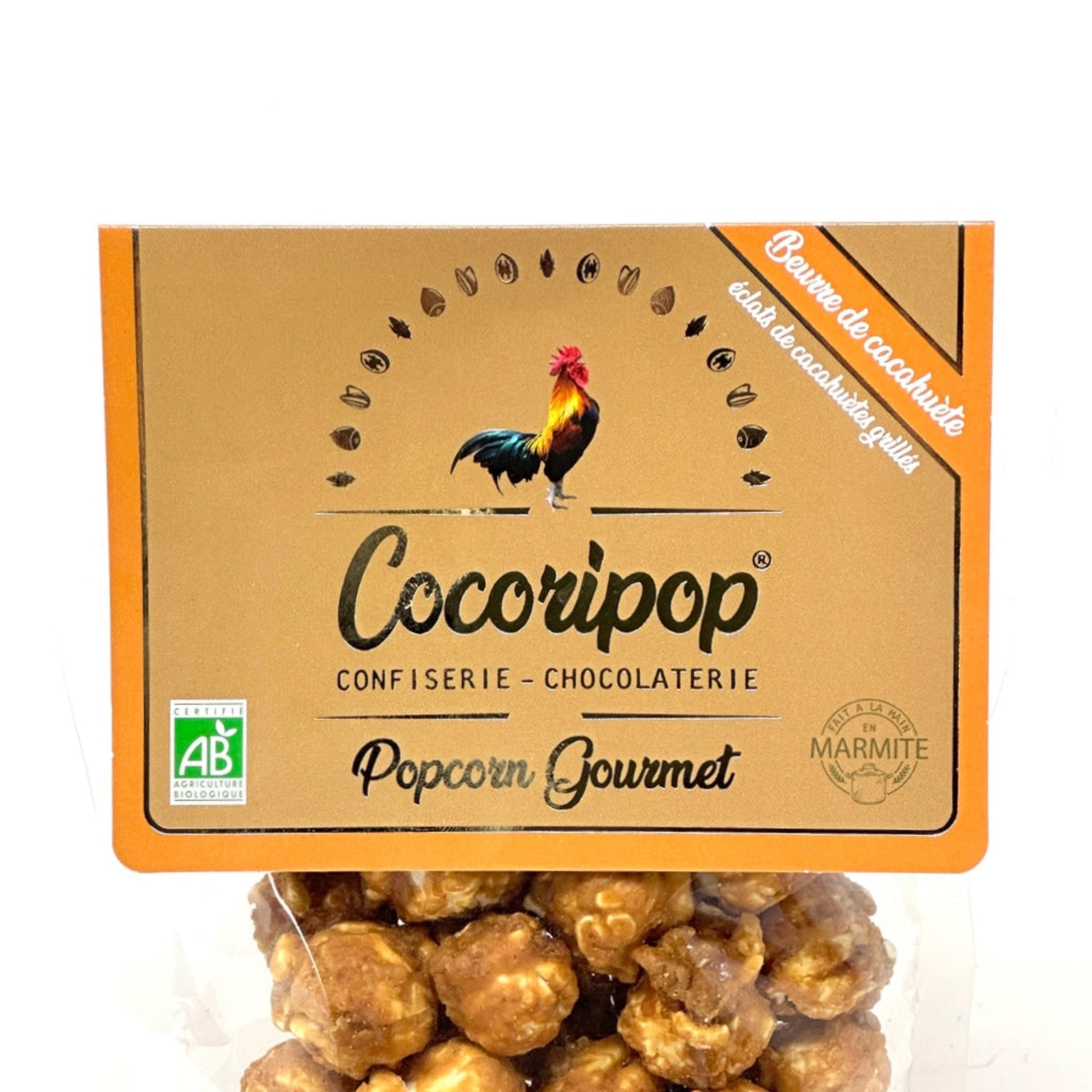 Sachet de popcorn bio Cocoripop au beurre de cacahuète, recette artisanale française fabriquée à Brécy