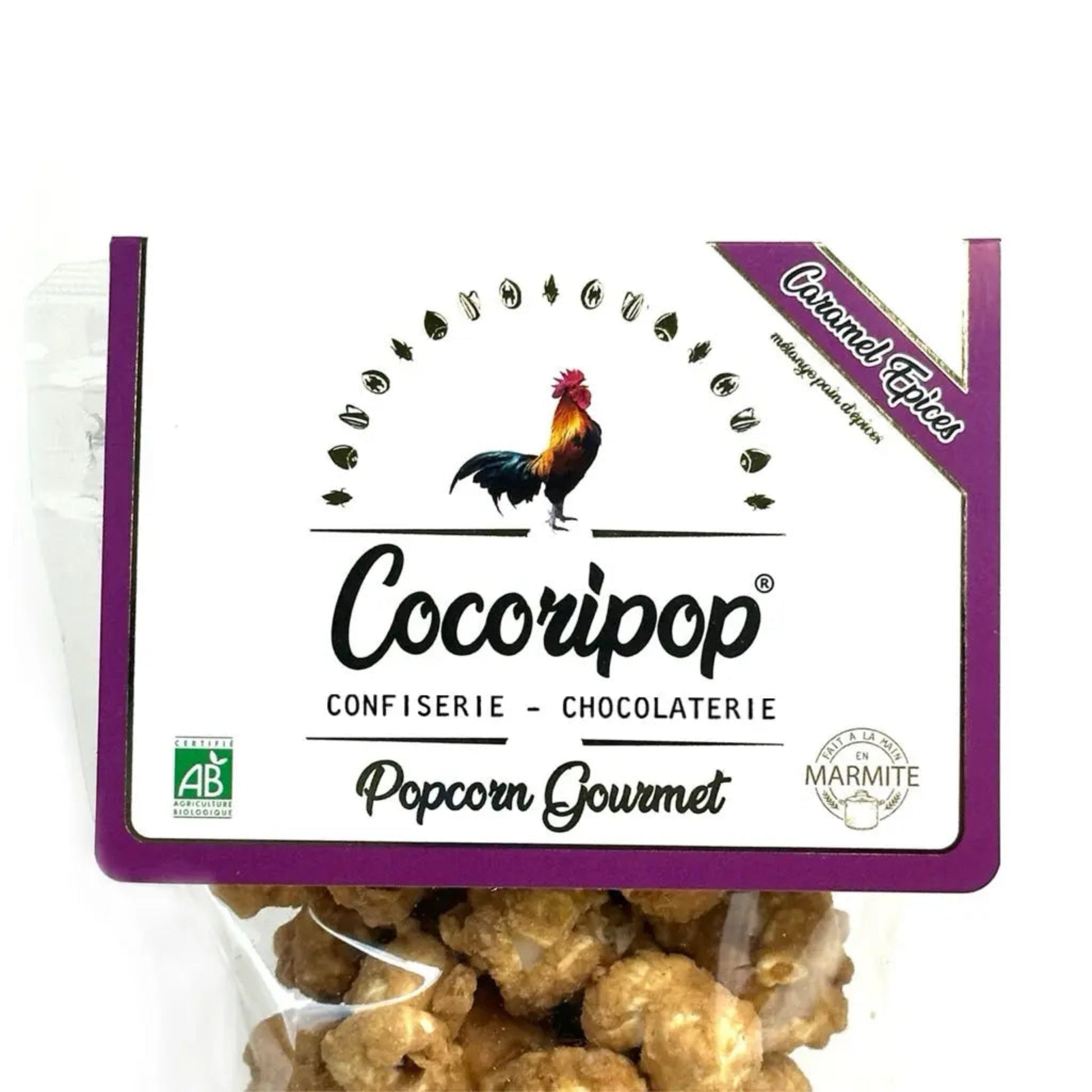 Sachet de popcorn bio artisanal au caramel et aux épices, fabriqué en France