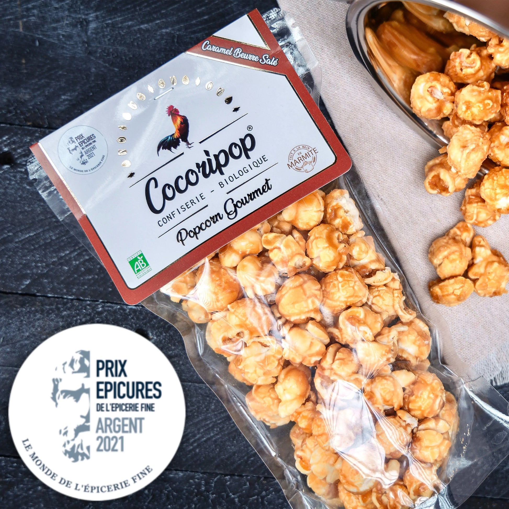 Gourmandise artisanale de popcorn bio au caramel salé, récompensée par une médaille au Prix Épicure