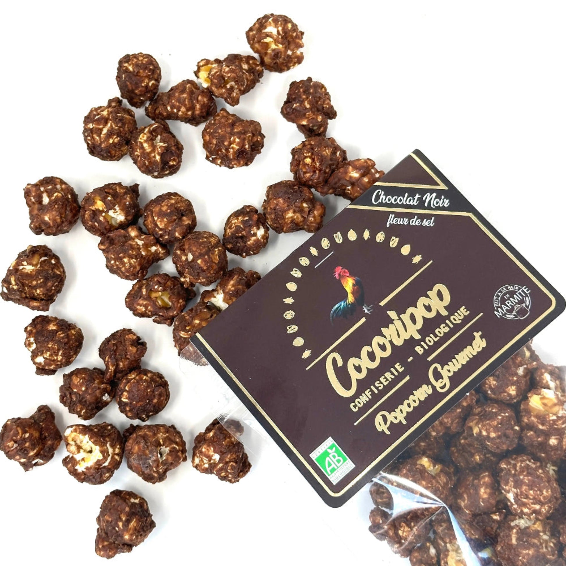 Snack premium au chocolat noir 73% et fleur de sel de Guérande, popcorn made in France