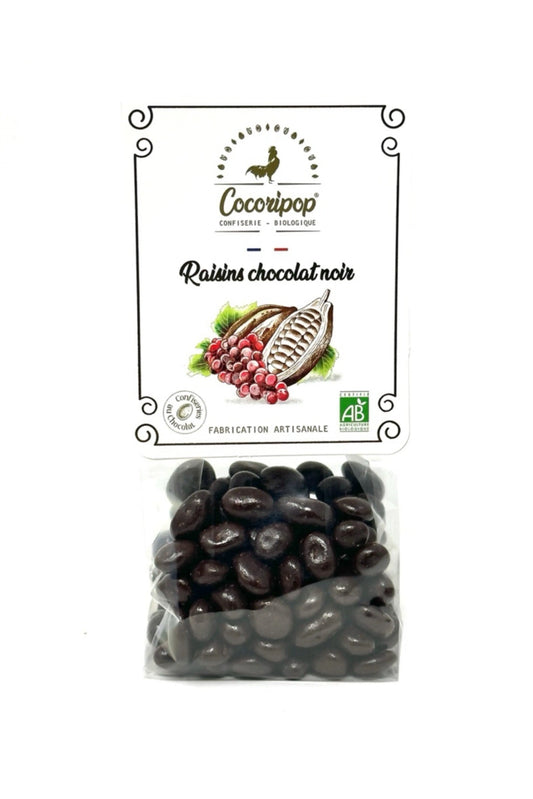 Raisins secs moelleux enrobés de chocolat noir bio – confiserie artisanale Cocoripop, made in france
