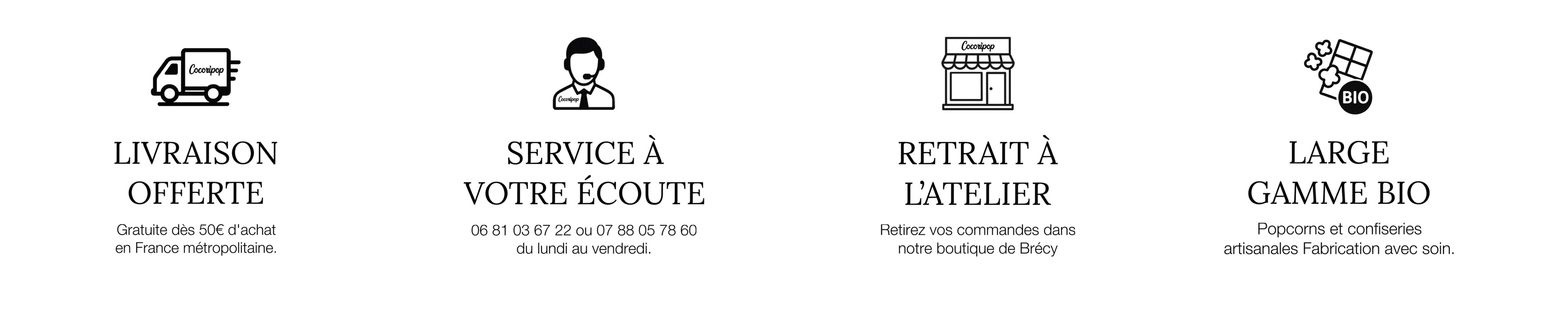 Services Cocoripop : livraison gratuite dès 50€, retrait à la boutique de Brécy, large gamme bio, service client à votre écoute.