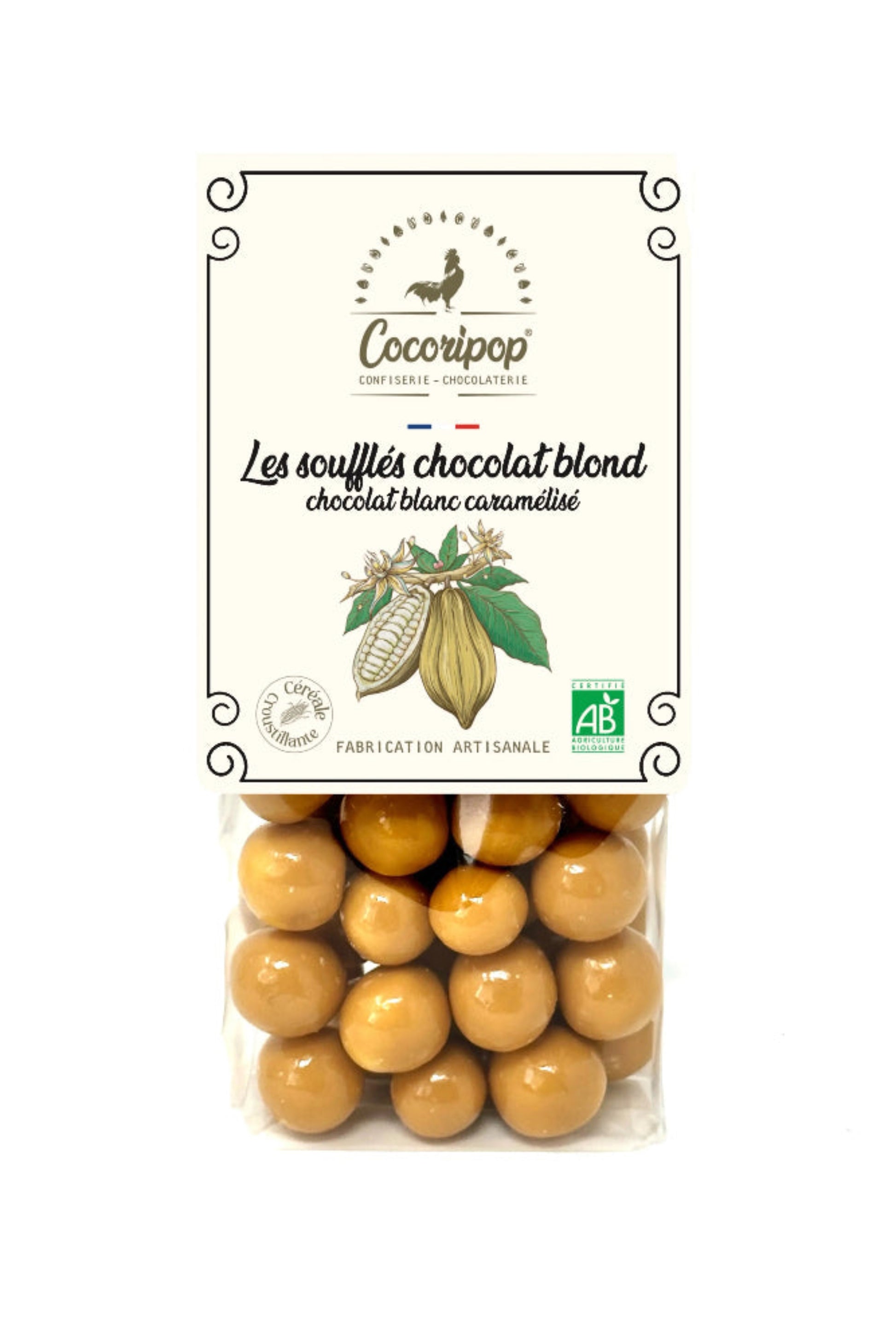 Billes soufflées au chocolat blond caramélisé bio fabriquées artisanalement à Brécy – Cocoripop