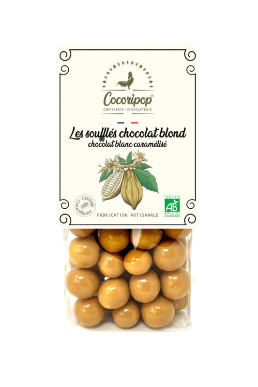 Billes soufflées au chocolat blond caramélisé bio fabriquées artisanalement à Brécy – Cocoripop