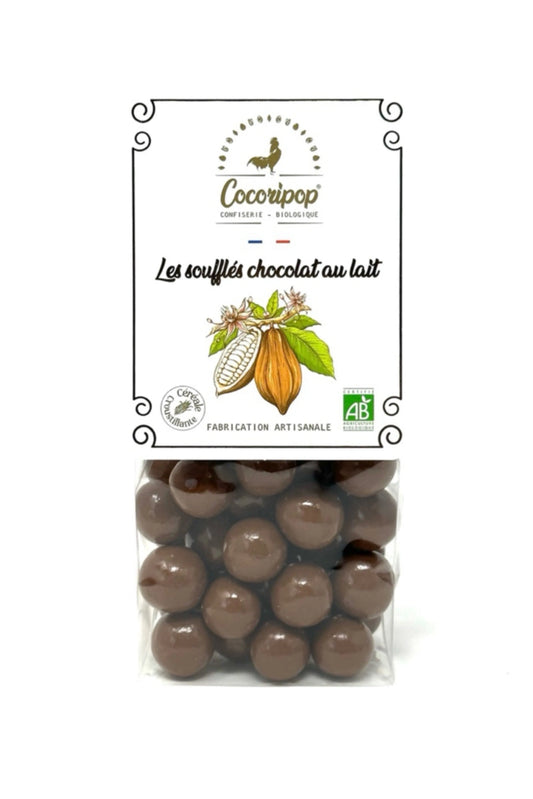 Billes croustillantes de maïs enrobées de chocolat au lait bio artisanal, confectionnées en France