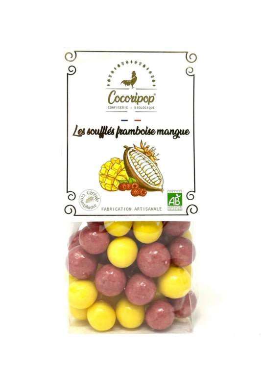 Billes soufflées enrobées de chocolat blanc bio aux fruits framboise et mangue – Cocoripop made in france