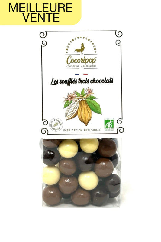 Billes soufflées enrobées de chocolat noir, lait et blanc bio – fabrication artisanale française