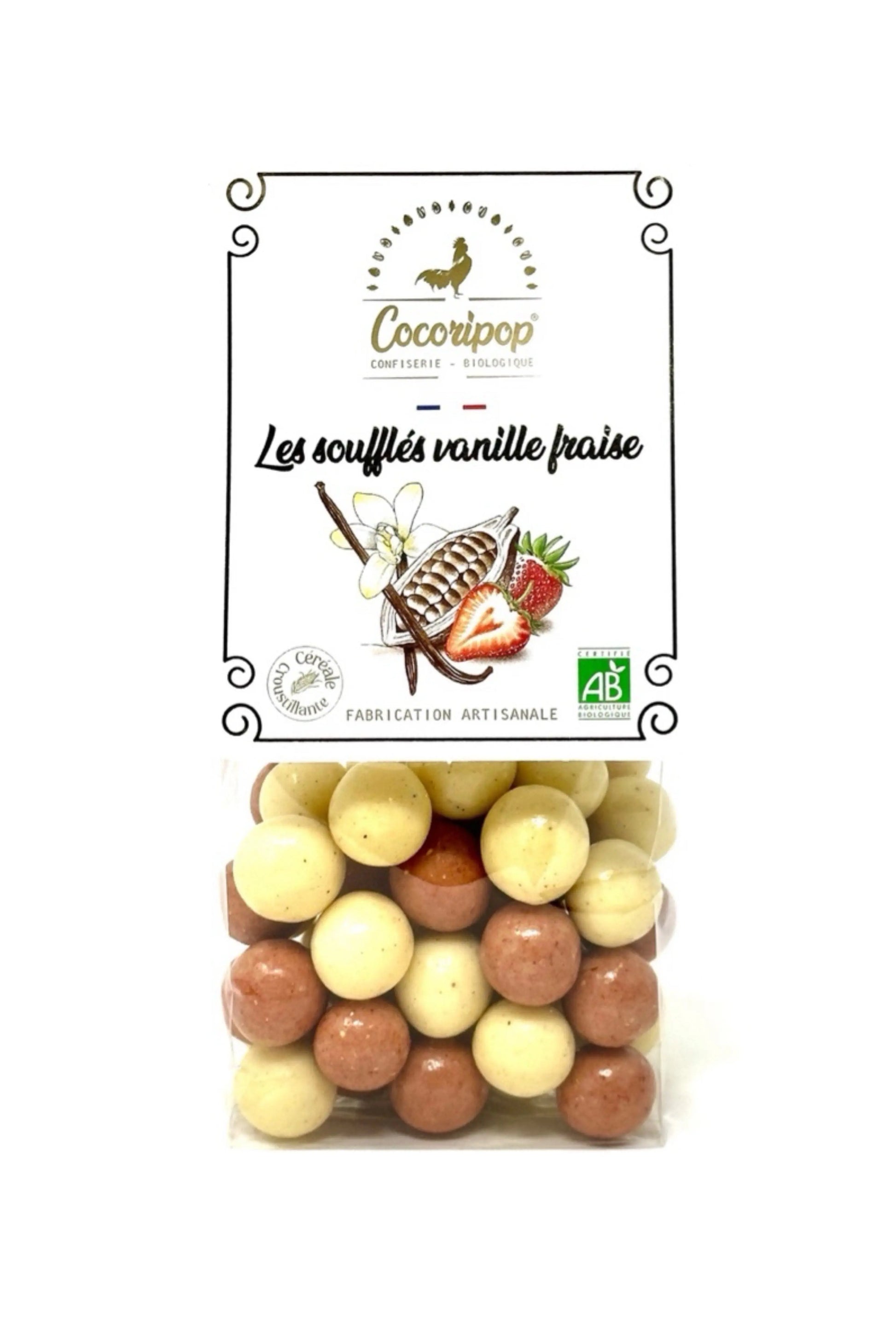 Billes soufflées bio enrobées de chocolat blanc à la fraise et vanille Bourbon – Cocoripop, France