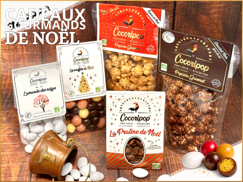 Coffret de gourmandises artisanales françaises pour Noël avec popcorn gourmet, chocolats bio et spécialités du Berry