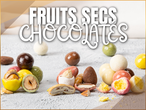 Assortiment de fruits secs enrobés de chocolat artisanal avec noisettes, amandes, raisins et cacahuètes gourmandes