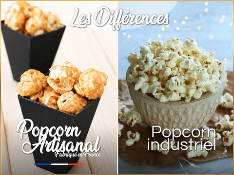 Comparatif entre popcorn artisanal français et popcorn industriel avec grains enrobés de caramel et chocolat