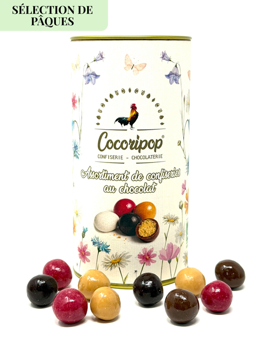 Boite cylindre assortiment de confiseries au chocolat selection de Paques Cocoripop chocolats artisanaux francais idee cadeau gourmand Paques