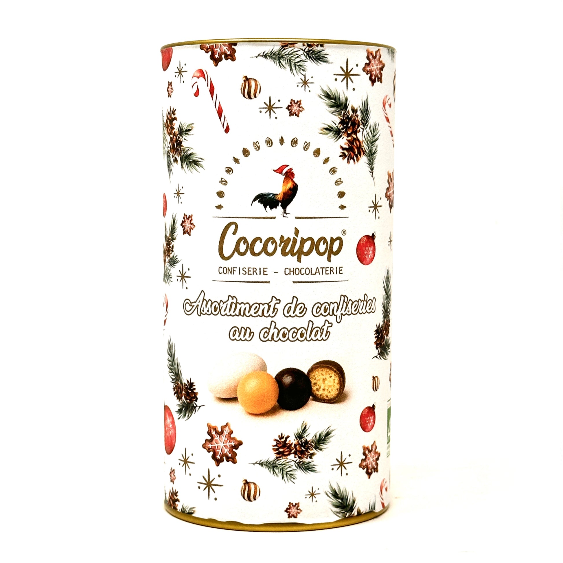 Boite de Noel Cocoripop renfermant un assortiment de confiseries artisanales au chocolat bio fabriquees en France