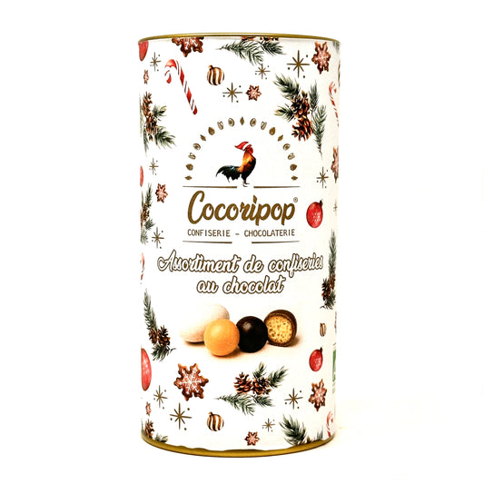Boite de Noel Cocoripop renfermant un assortiment de confiseries artisanales au chocolat bio fabriquees en France