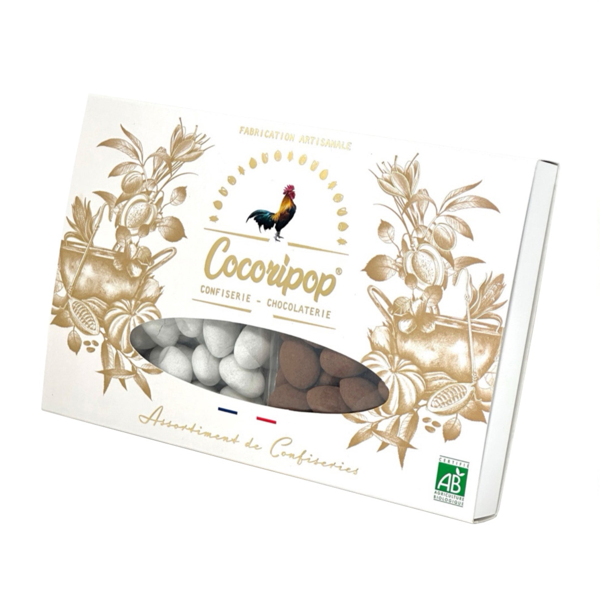 Coffret gourmand Cocoripop avec amandes drageifiees au chocolat et amandes truffees cacao, confiserie artisanale bio
