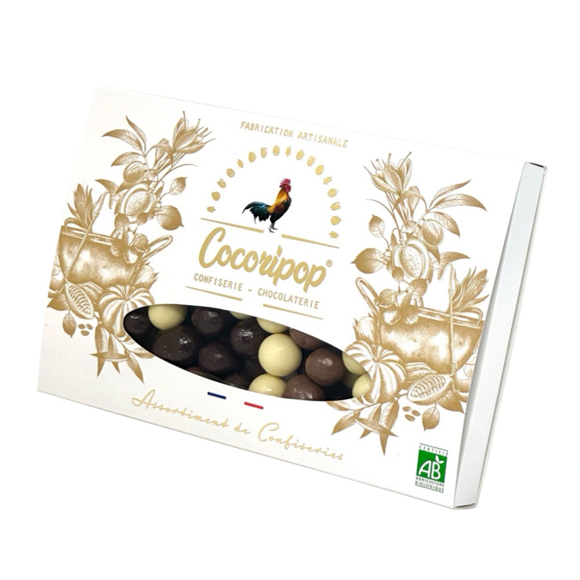 Coffret Cocoripop avec noisettes torrefiees enrobees de chocolat noir, lait et blanc bio, confiserie artisanale francaise