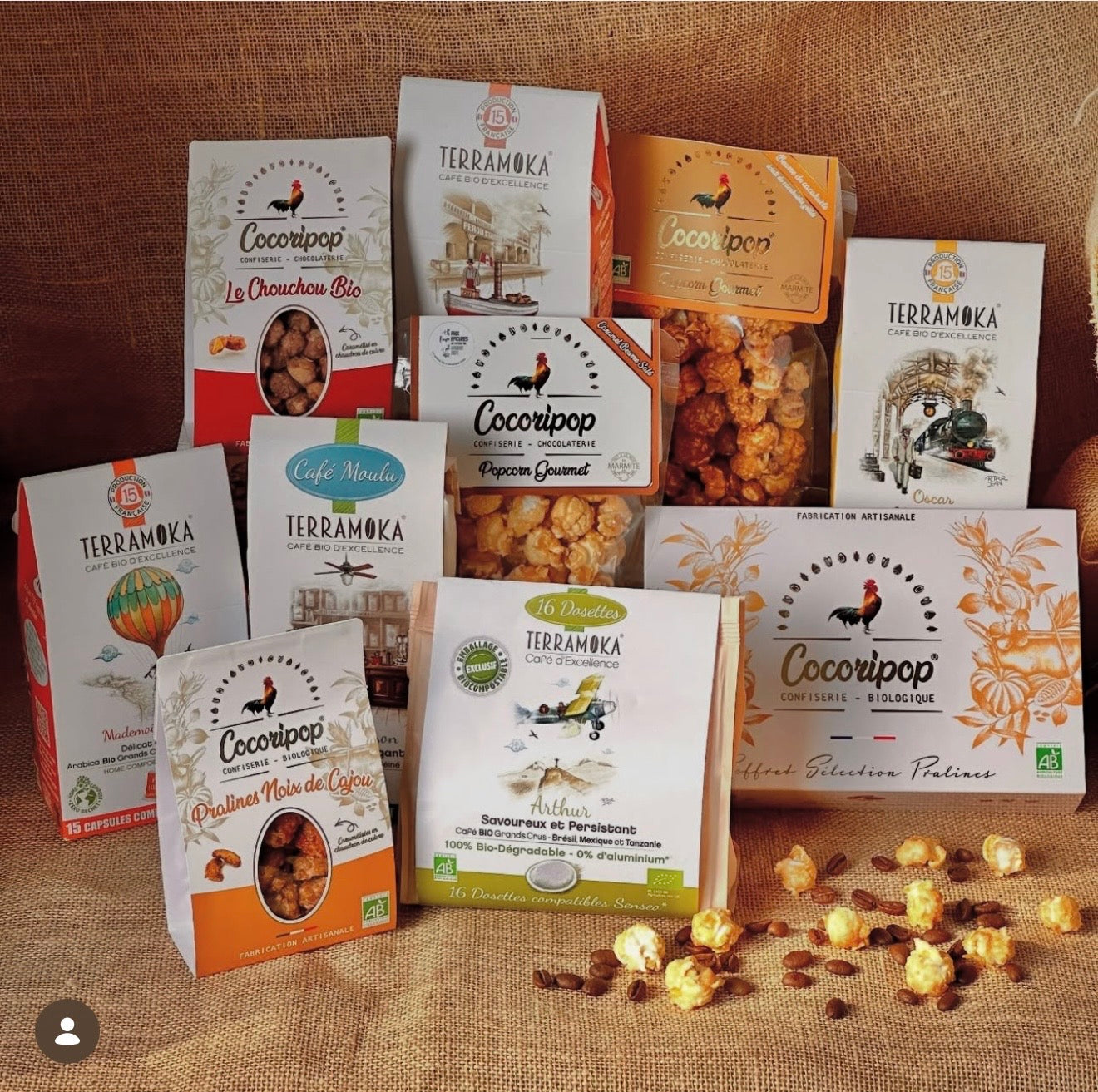 Jeu concours Instagram entre Cocoripop confiserie artisanale française et Terramoka café bio éthique en emballage 100% compostable.