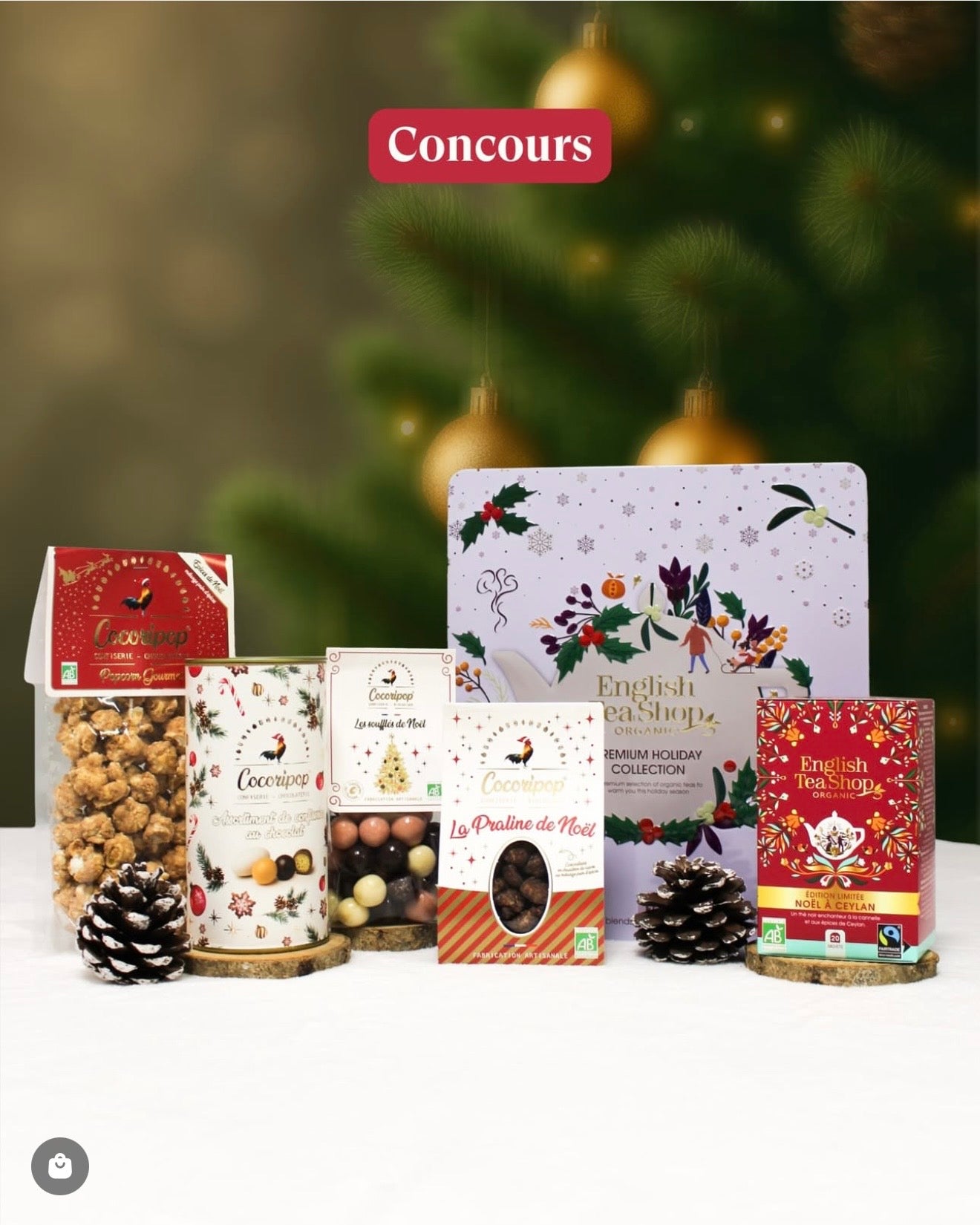 Jeu concours Instagram Noël entre Cocoripop confiserie artisanale française et English Tea Shop France avec coffret gourmand et thé premium.
