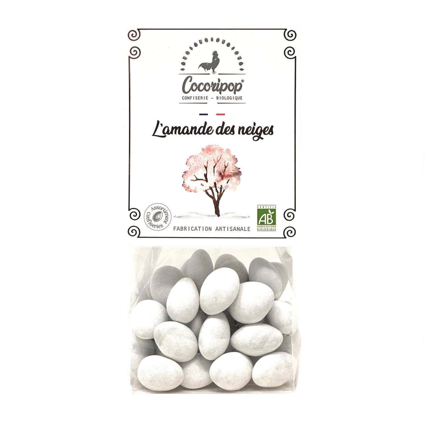 Amandes torrefiees enrobees de chocolat bio et sucre fin, confiserie artisanale francaise Cocoripop