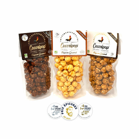 Lot de 3 popcorns médaillés Cocoripop fabriqués artisanalement à Saint-Germain-du-Puy près de Bourges avec recettes bio gourmandes récompensées aux Prix Épicures de l’Épicerie Fine