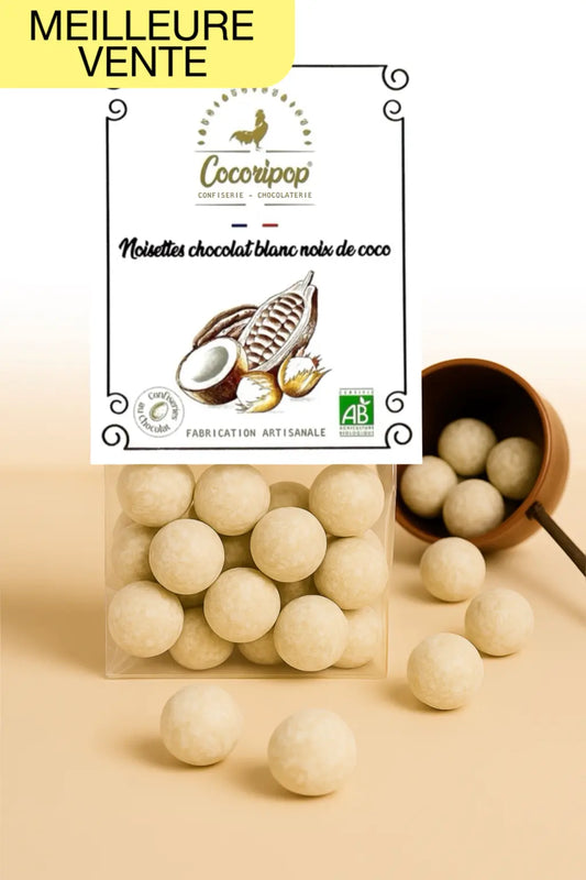 Noisettes Chocolat Blanc Noix de Coco Bio cocoripop confiserie chocolaterie bio
