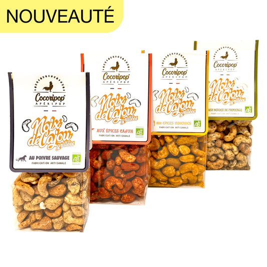 Pack bio apero gourmand de noix de cajou epicees artisanales Cocoripop