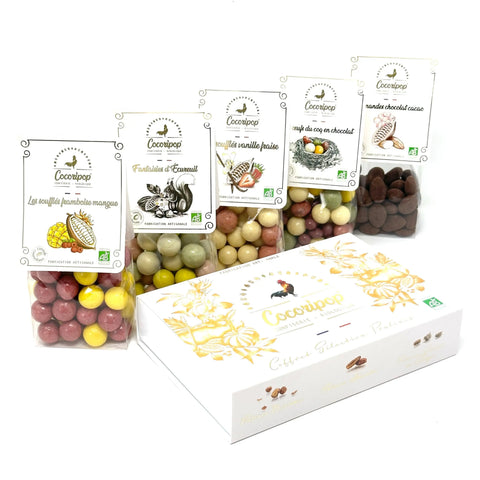Pack Grand Mix Confiseries Bio – assortiment gourmand bio comprenant pralines, amandes chocolat lait, fantaisie d’écureuil, soufflés duo mangue framboise, soufflés duo vanille fraise et œufs du coq en chocolat, présenté sur fond blanc. bio