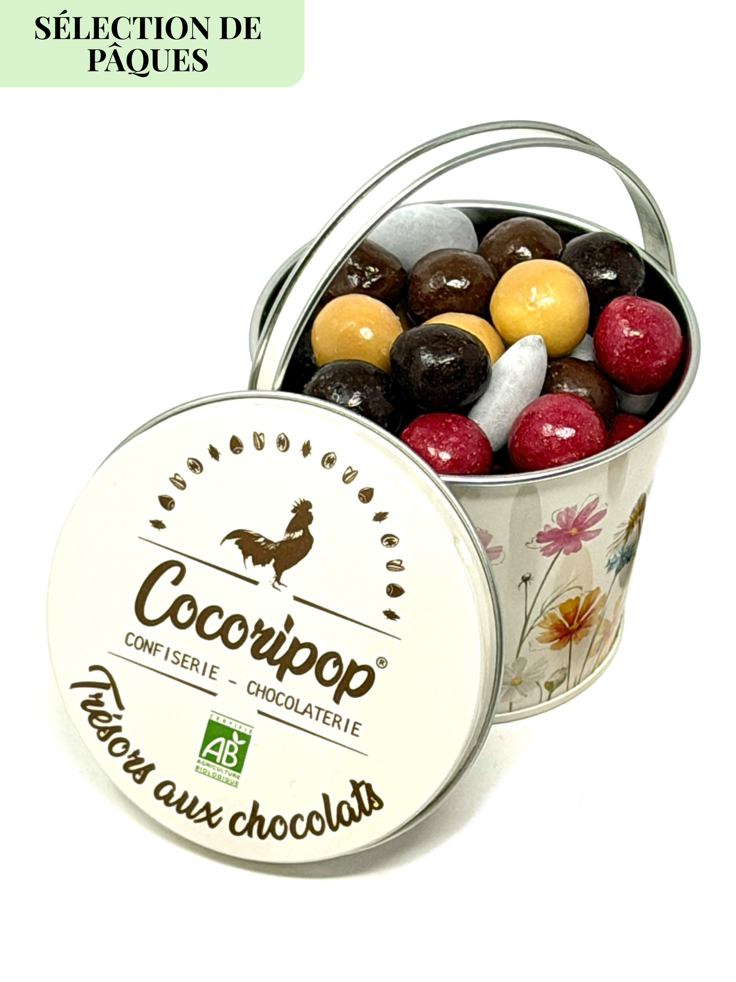 Petit seau metal Tresors aux Chocolats selection de Paques Cocoripop assortiment chocolats artisanaux cadeau gourmand Paques