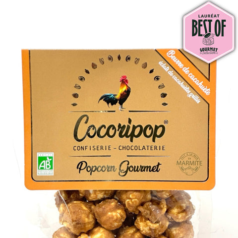 Popcorn français bio au beurre de cacahuète artisanal, enrobé de caramel fondant et fleur de sel de Guérande, préparé à la main dans l’atelier Cocoripop à Brécy.