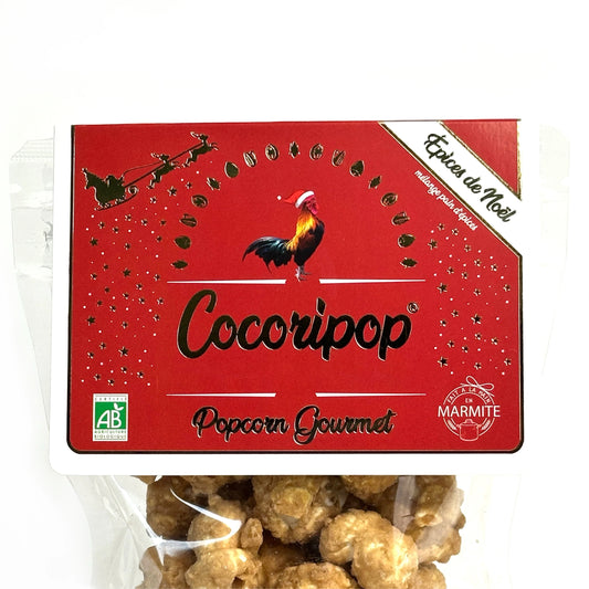 Popcorn artisanal bio au caramel et épices de Noël, fabriqué à Brécy par Cocoripop