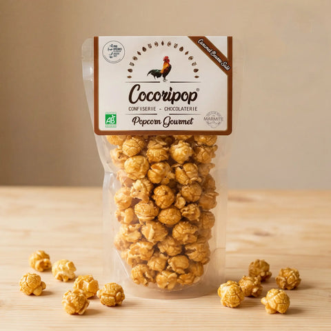Popcorn caramel beurre salé bio médaillé Cocoripop fabriqué artisanalement à Saint-Germain-du-Puy près de Bourges avec caramel artisanal et fleur de sel de Guérande