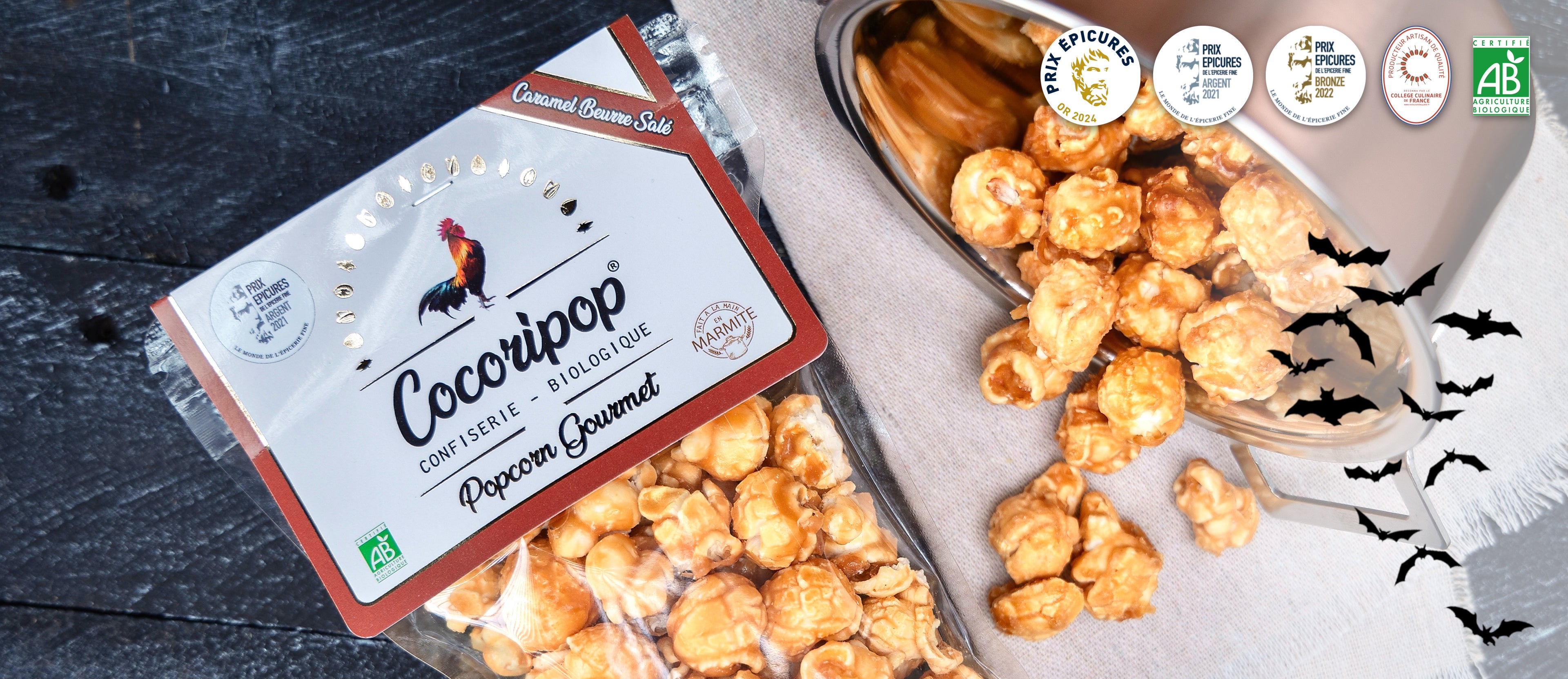 Popcorn gourmet au caramel beurre sale edition Halloween produit artisanal Cocoripop made in France