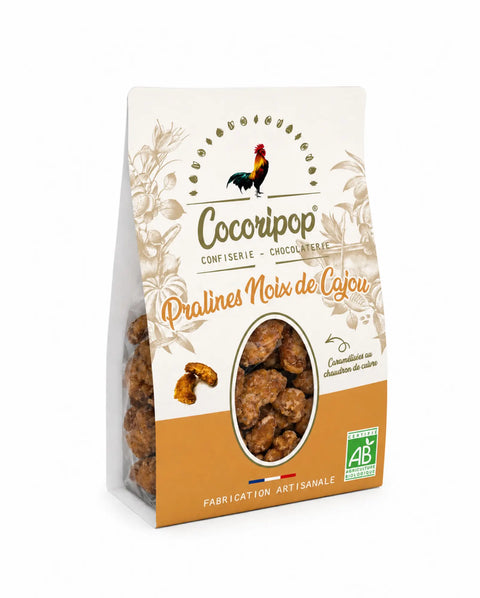 Pralines noix de cajou caramélisées bio artisanales françaises fabriquées à Saint-Germain-du-Puy près de Bourges par la confiserie Cocoripop, gourmandise traditionnelle aux noix de cajou biologiques torréfiées.